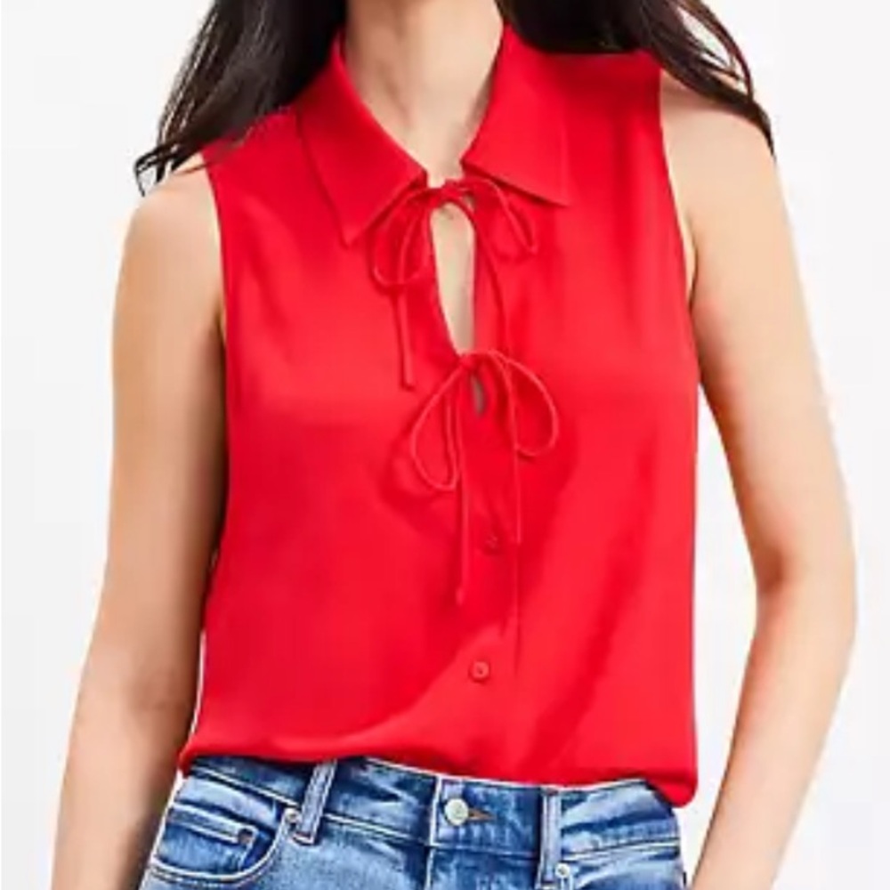 LOFT Vibrant Red Sleeveless Blouse with Bow Detail NWT